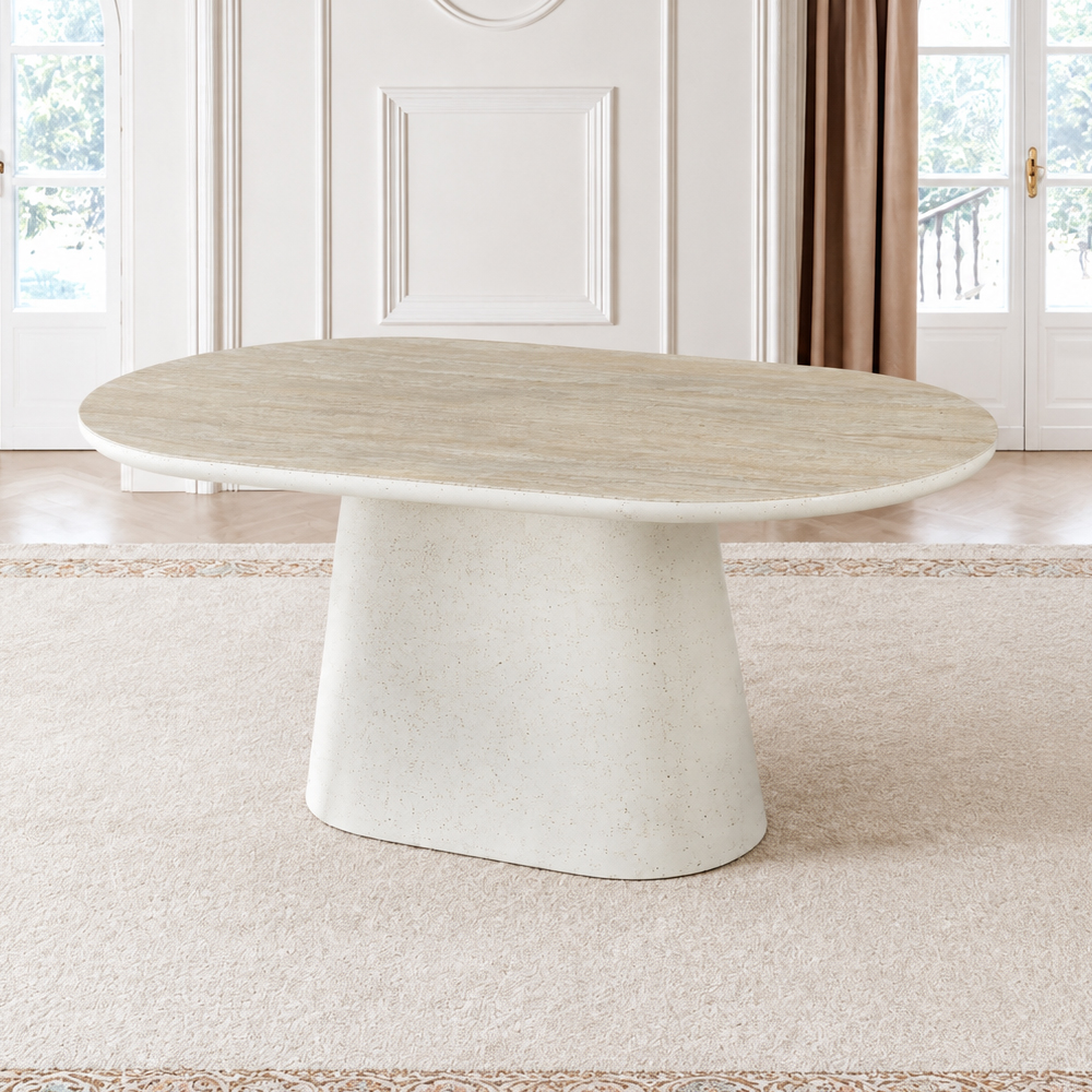 Akisora Small Travertine Marble Effect Sintered Stone Top Dining Table with Ivory Base