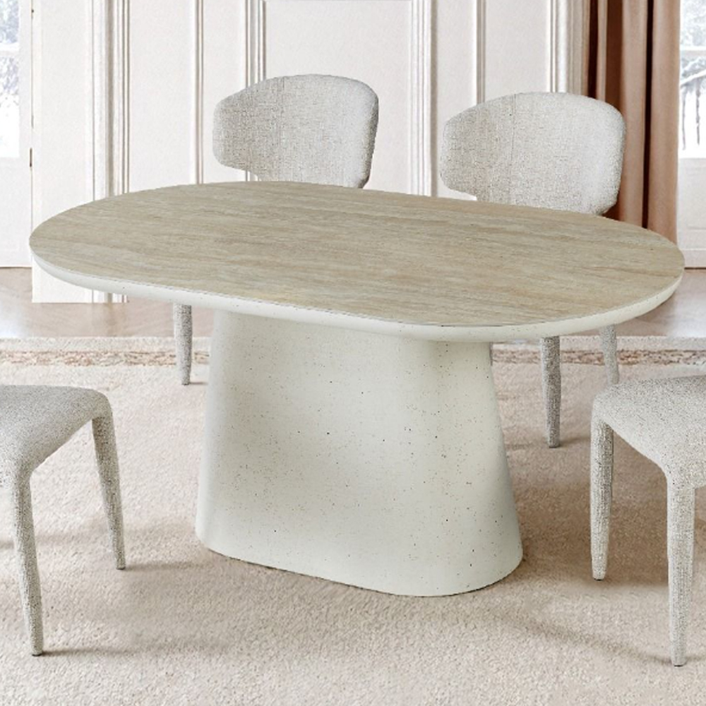 Akisora Small Travertine Marble Effect Sintered Stone Top Dining Table with Ivory Base