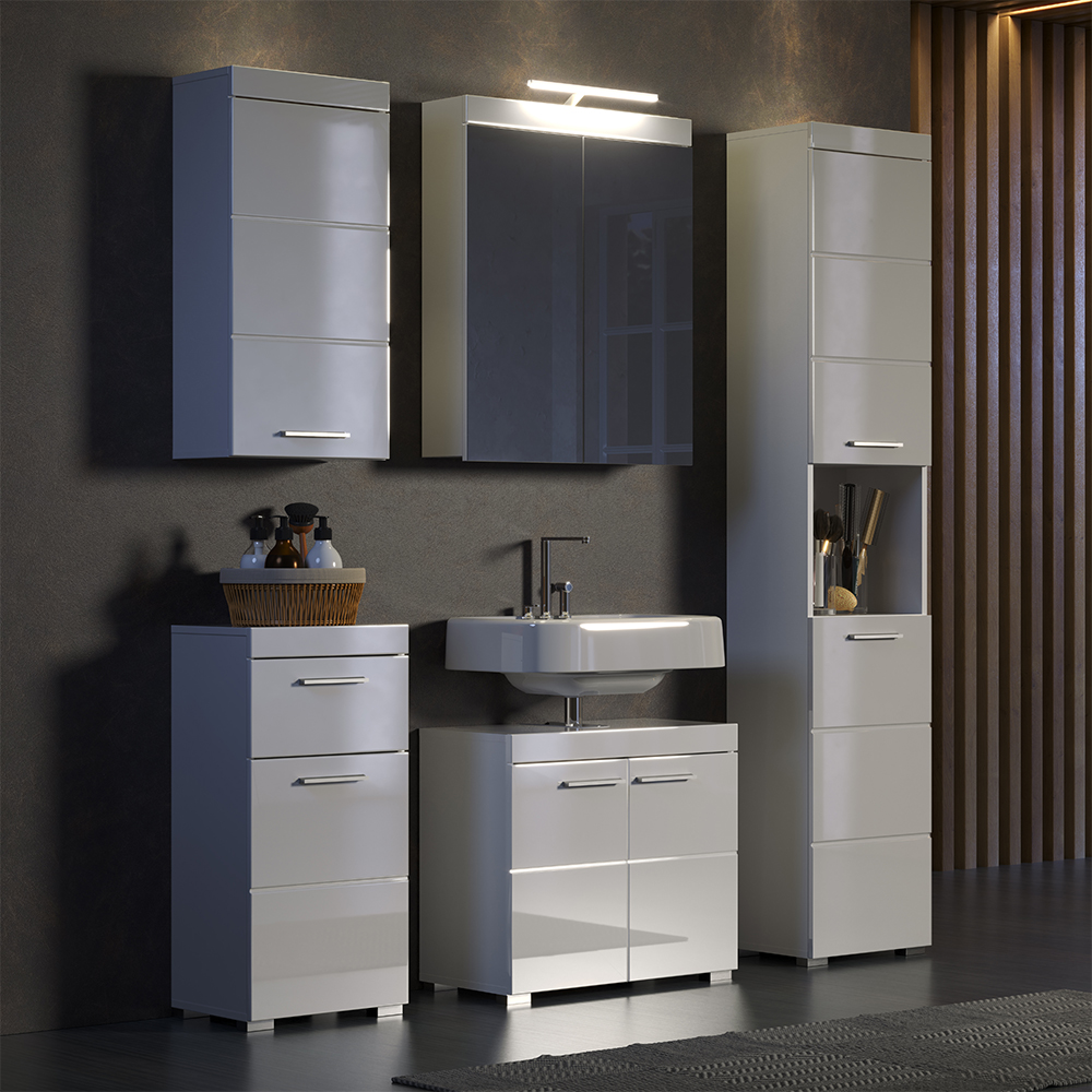Akito High Gloss Bathroom Furniture Set with 8 Doors in White and LED