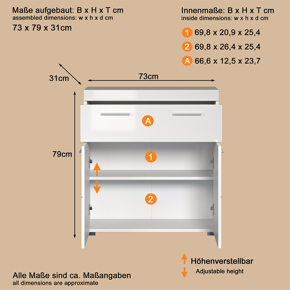 Akito High Gloss Storage Cabinet With 2 Doors In White