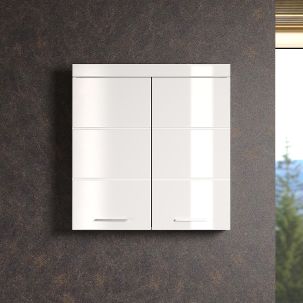 Akito High Gloss Wall Mounted Bathroom Storage Cabinet with 2 Doors In White