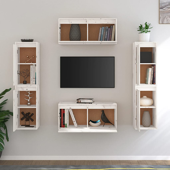 Akos Wall Hung Solid Pinewood Entertainment Unit In White
