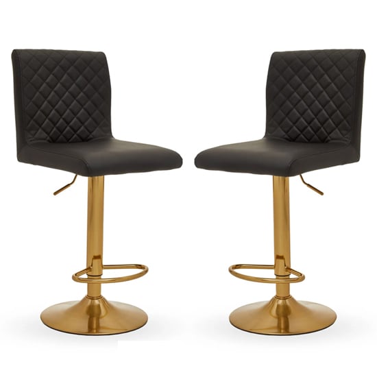 Akro Black Faux Leather Bar Stools With Gold Base In Pair