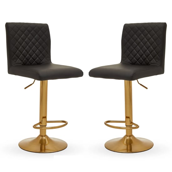 Photo of Baino black leather bar chairs with round gold base in a pair