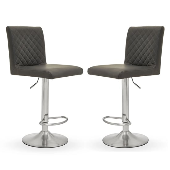 Product photograph of Baino Grey Leather Bar Chairs With Round Chrome Base In A Pair from Furniture in Fashion