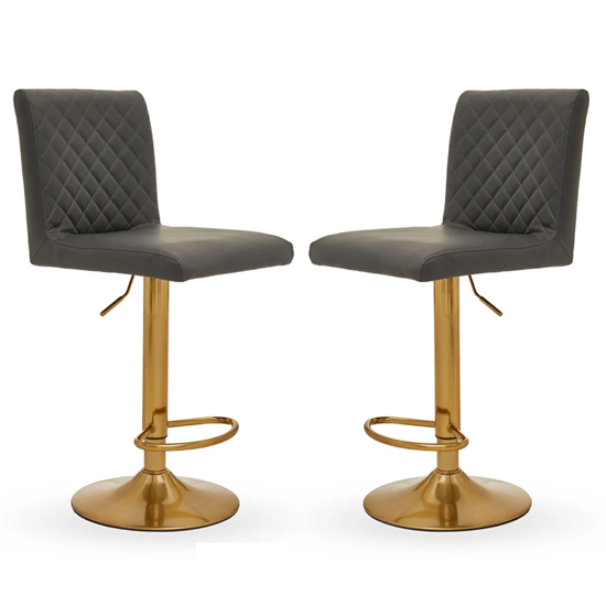 Akro Dark Grey Faux Leather Bar Stools With Gold Base In Pair