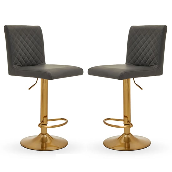 Read more about Baino grey leather bar chairs with round gold base in a pair