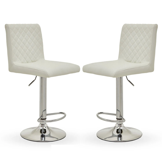 Product photograph of Baino White Leather Bar Chairs With Round Chrome Base In A Pair from Furniture in Fashion