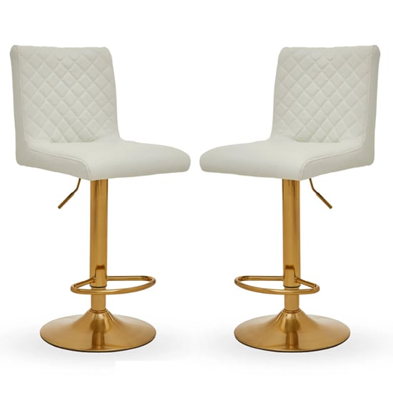 Baino White Leather Bar Chairs With Round Gold Base In A Pair