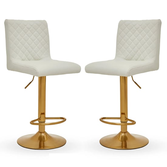 Photo of Baino white leather bar chairs with round gold base in a pair