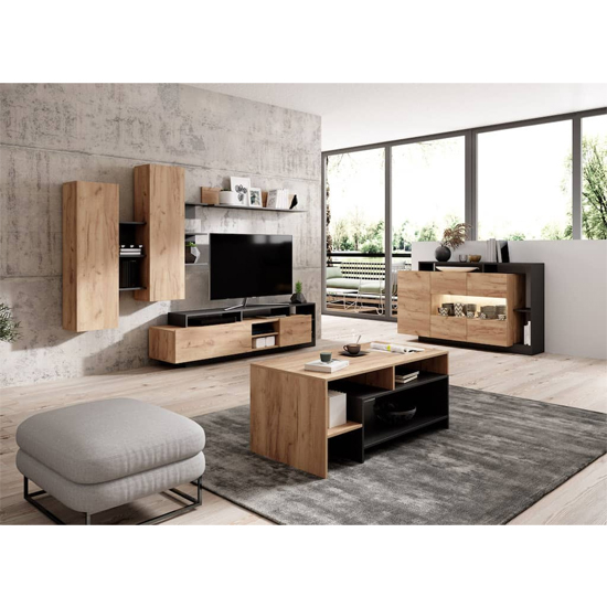 Akron Wooden Coffee Table In Gold Craft Oak And Black