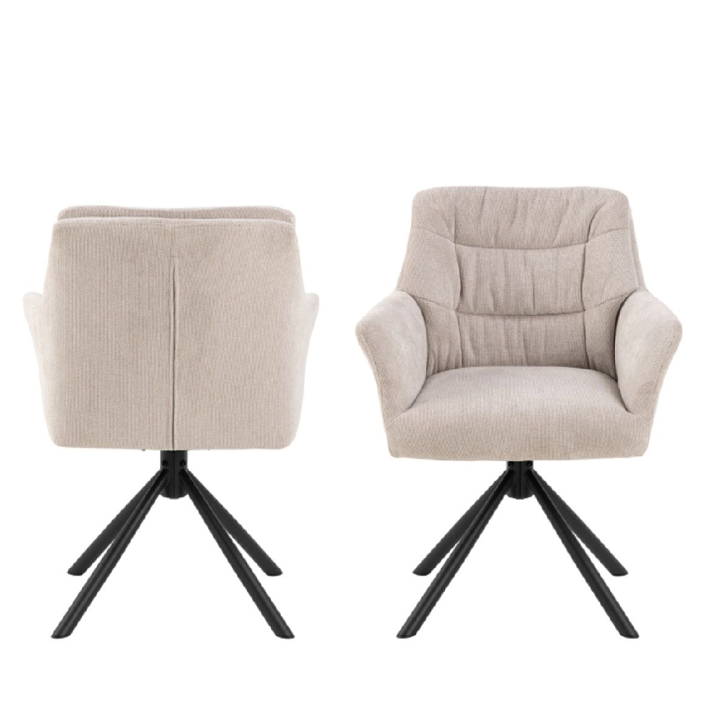 Akron Cream Fabric Swivel Dining Chairs With Black Legs In Pair