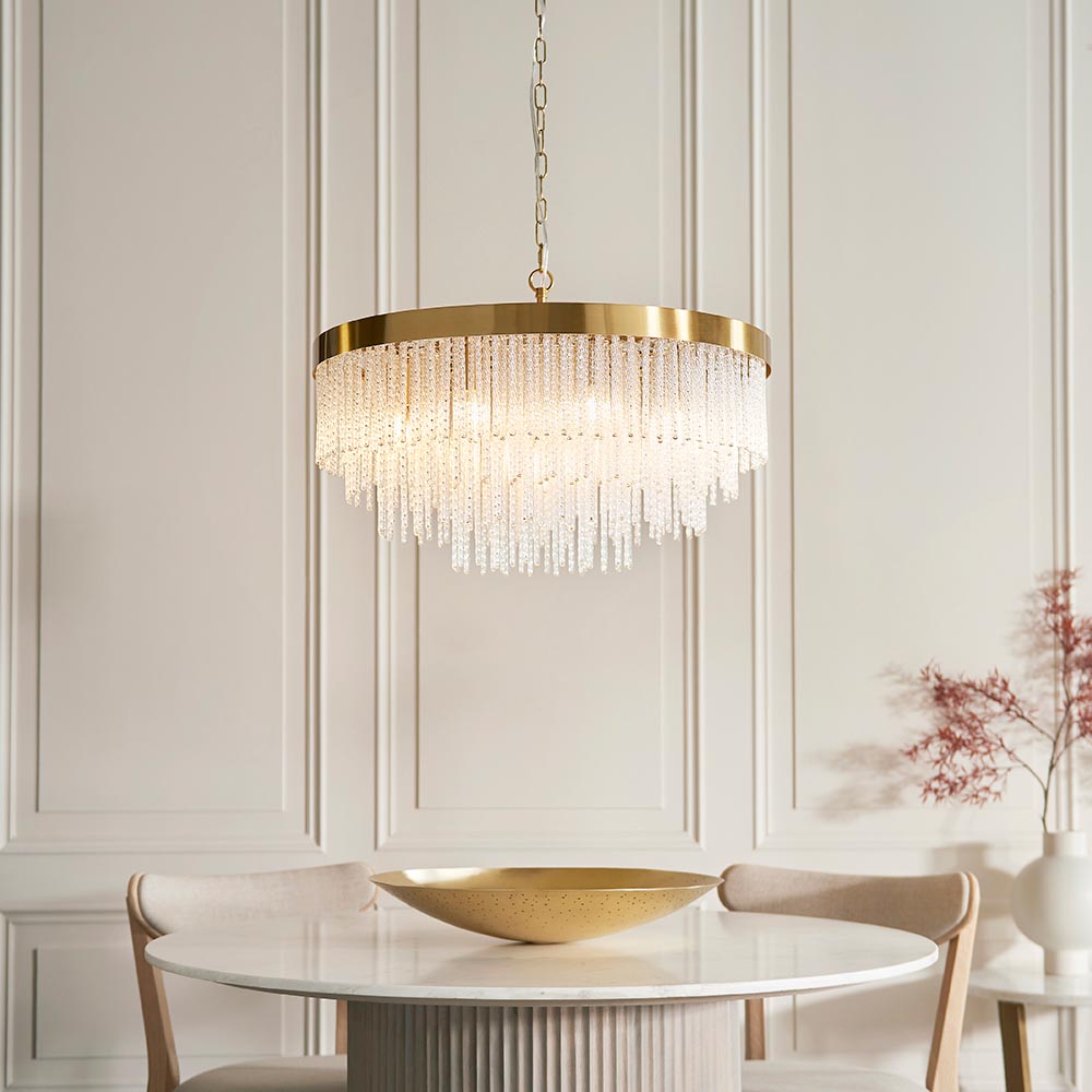 Akron Glass 9 Light Pendent Ceiling Light In Brushed Aged Brass