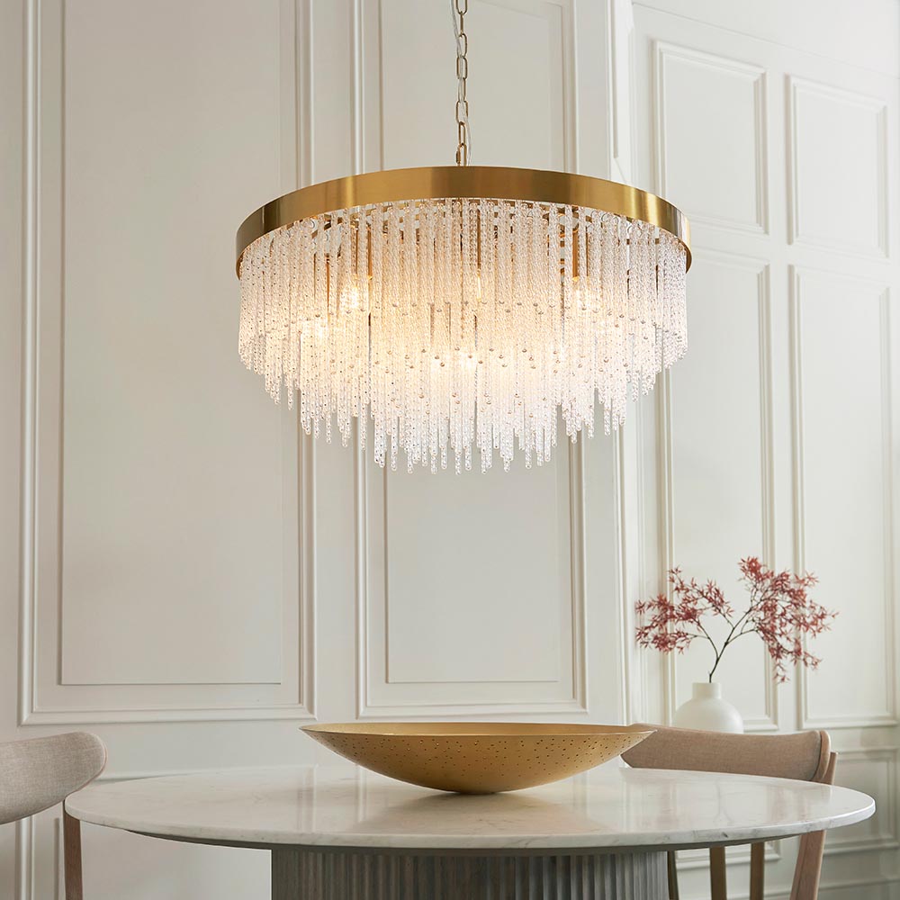 Akron Glass 9 Light Pendent Ceiling Light In Brushed Aged Brass
