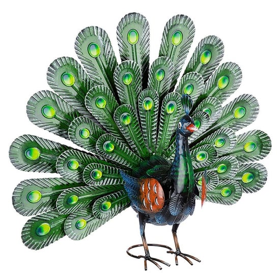 Product photograph of Akron Metal Peacock Open Feather Sculpture In Blue And Green from Furniture in Fashion
