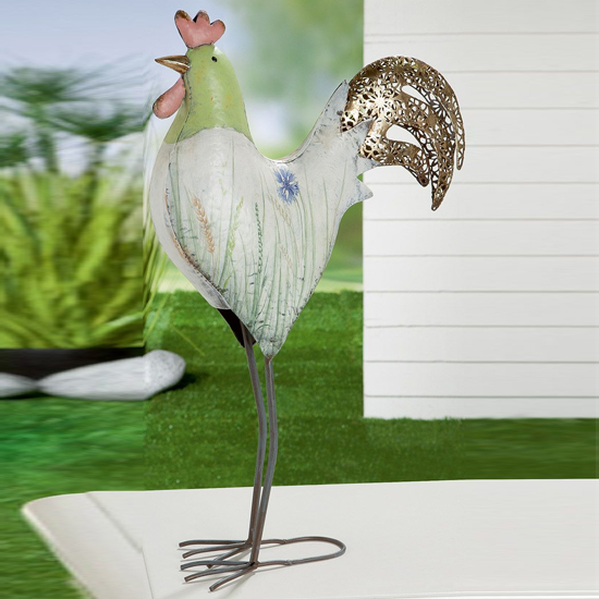 Read more about Akron metal rooster wild flower sculpture in white