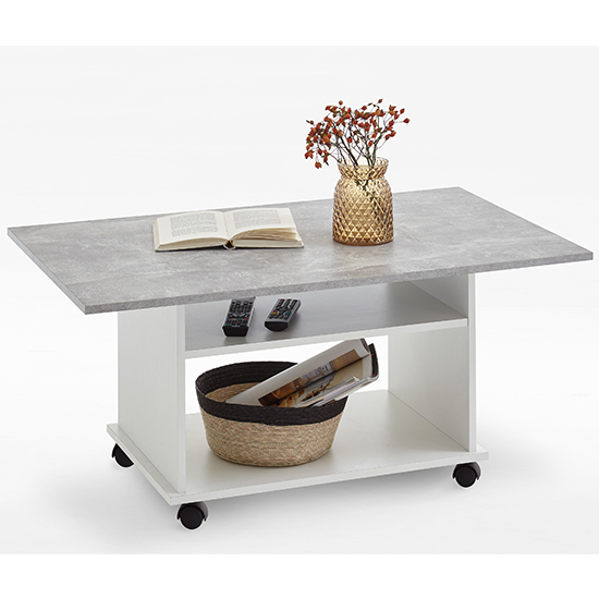 Akron Rolling Wooden Coffee Table In Concrete Effect And White_1