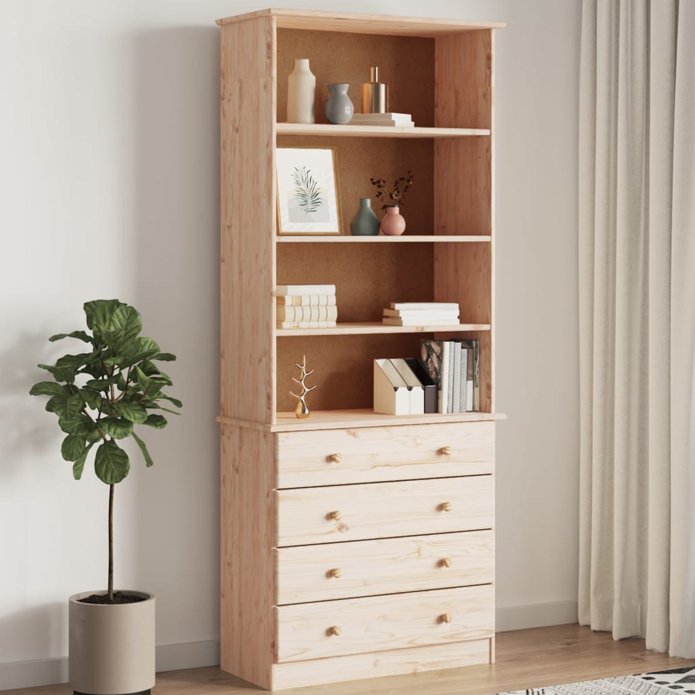 Read more about Akron wooden bookcase with 4 drawers in natural