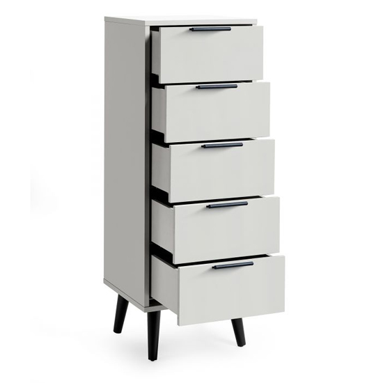 Akron Wooden Chest Of 5 Drawers Narrow In Silk Grey