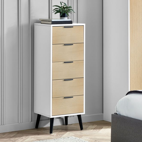 Read more about Akron wooden chest of 5 drawers narrow in white and oak