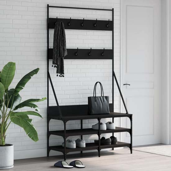 Product photograph of Akron Wooden Clothes Rack With Shoe Storage In Black from Furniture in Fashion