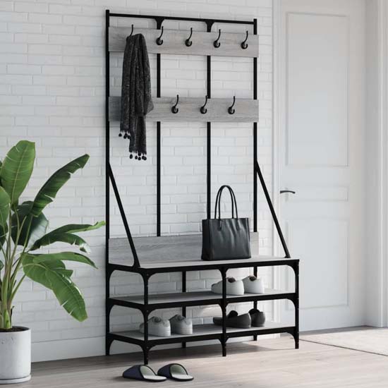 Product photograph of Akron Wooden Clothes Rack With Shoe Storage In Grey Sonoma Oak from Furniture in Fashion