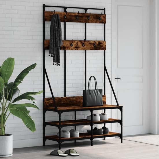 Product photograph of Akron Wooden Clothes Rack With Shoe Storage In Smoked Oak from Furniture in Fashion