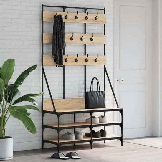 Akron Wooden Clothes Rack With Shoe Storage In Sonoma Oak