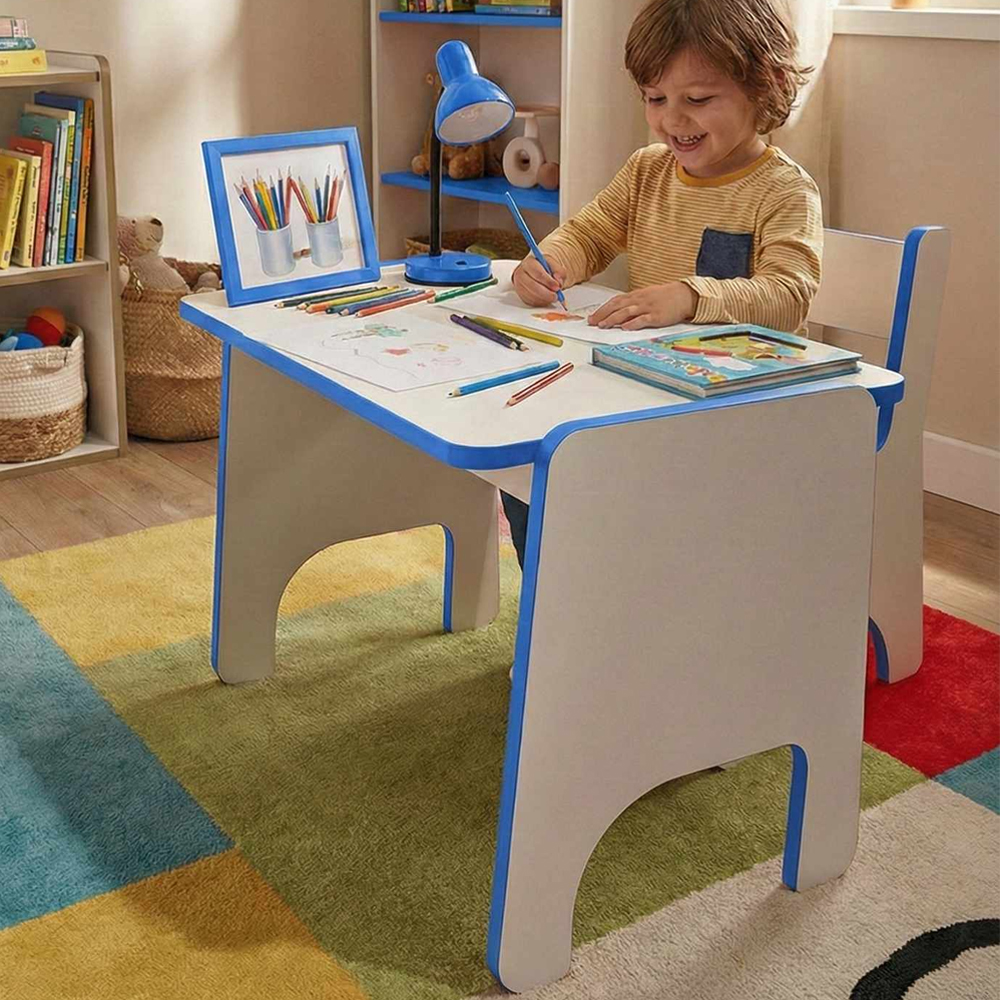 Aktif Wooden Kids Table and Chair Set in Blue and White