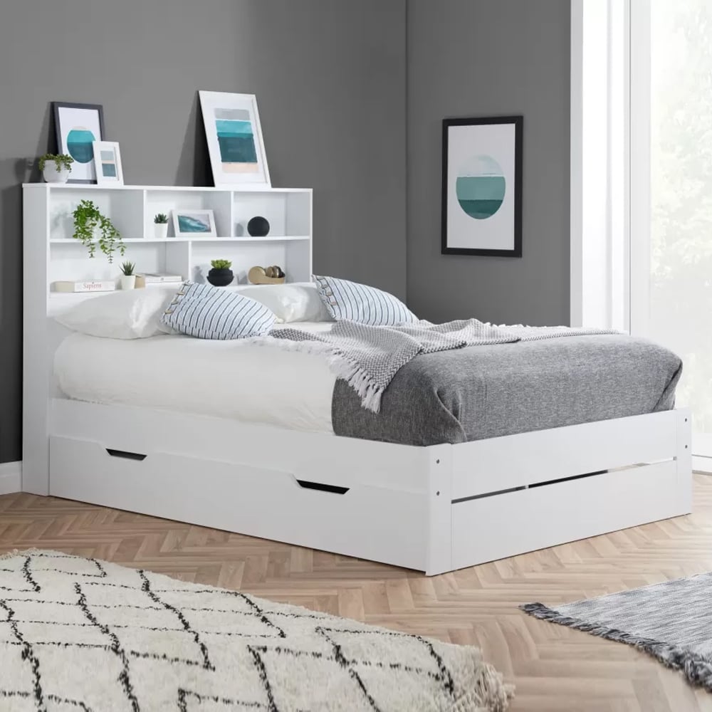 Alafia Wooden Storage Small Double Bed With 1 Drawer In White