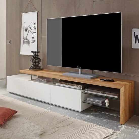 Photo of Alanis wooden tv stand with storage in knotty oak and matt white