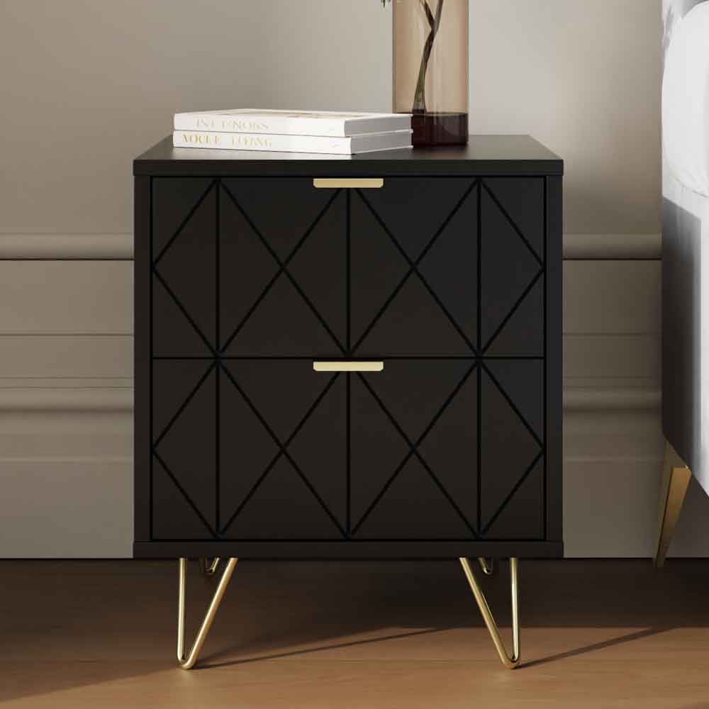 Alara Wooden Bedside Cabinet with 2 Drawers in Black