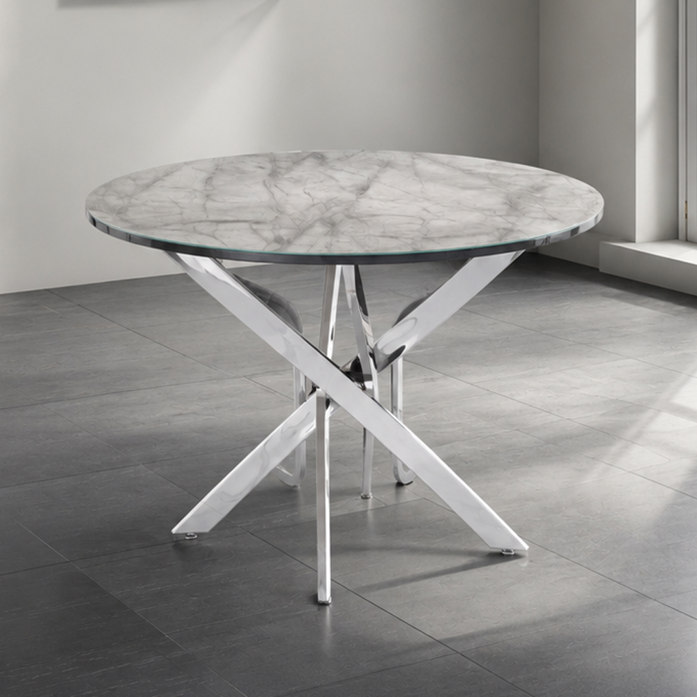 Alaric Round White Grey Marble Effect Top Dining Table with Chrome Metal Legs