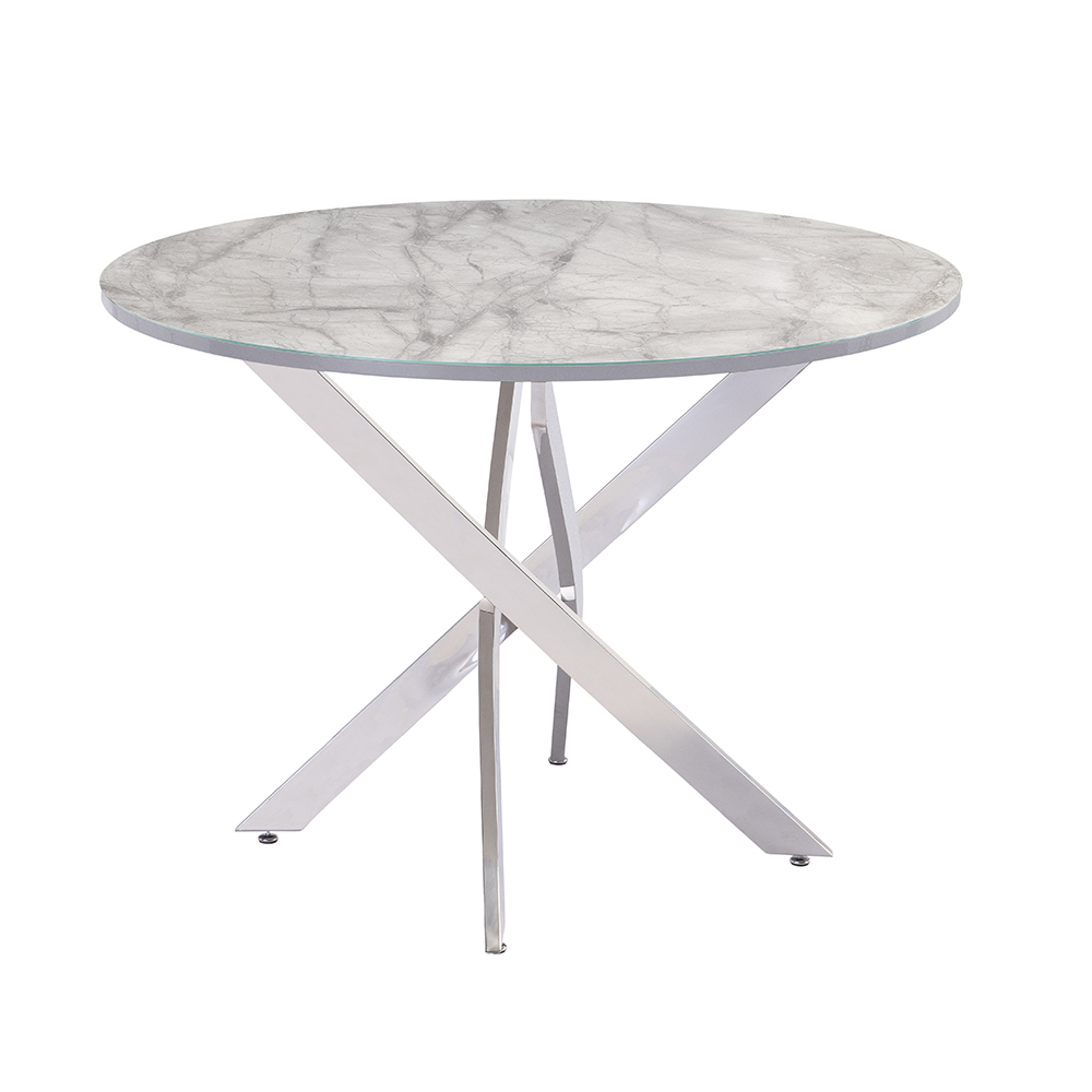 Alaric Round White Grey Marble Effect Top Dining Table with Chrome Metal Legs