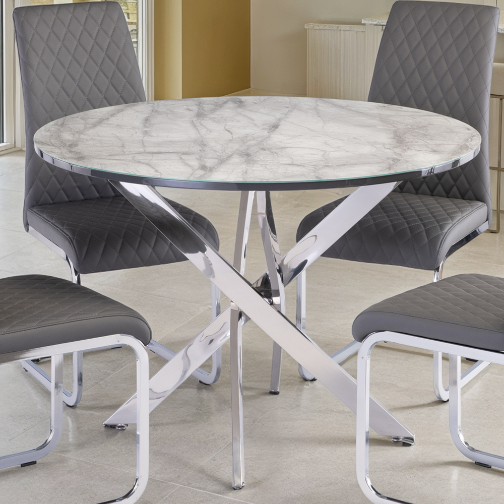 Alaric Round White Grey Marble Effect Top Dining Table with Chrome Metal Legs