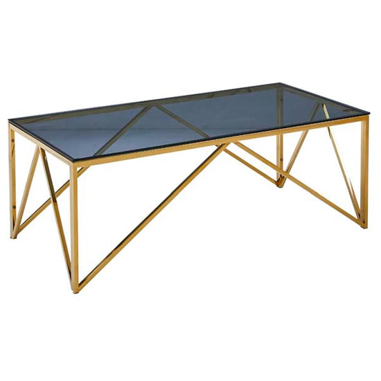 Alaro Glass Coffee Table In Smoked Blue Grey With Gold Frame