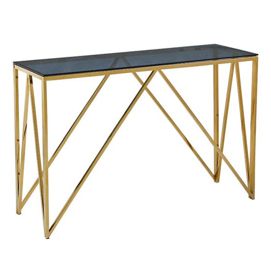 Product photograph of Alaro Glass Console Table In Smoked Blue Grey With Gold Frame from Furniture in Fashion
