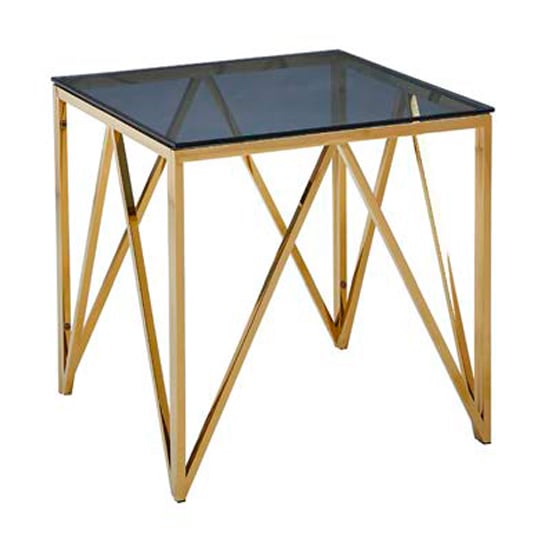 Alaro Glass End Table In Smoked Blue Grey With Gold Frame