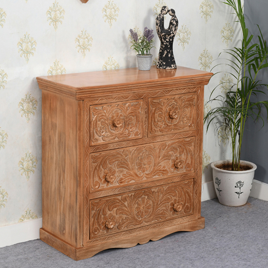 Product photograph of Alaro Solid Mangowood Chest Of 4 Drawers In Oak from Furniture in Fashion
