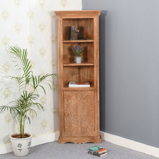 Alaro Solid Mangowood Corner Bookcase In Oak