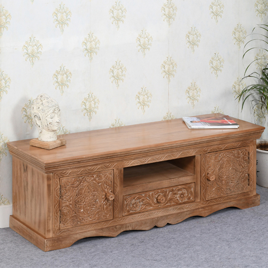 Product photograph of Alaro Solid Mangowood Tv Stand With 2 Doors 1 Drawer In Oak from Furniture in Fashion