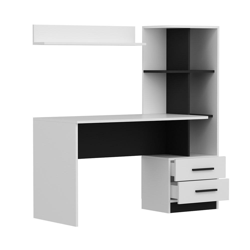 Alaska Wooden Computer Desk with 2 Wall Shelf in White and Black