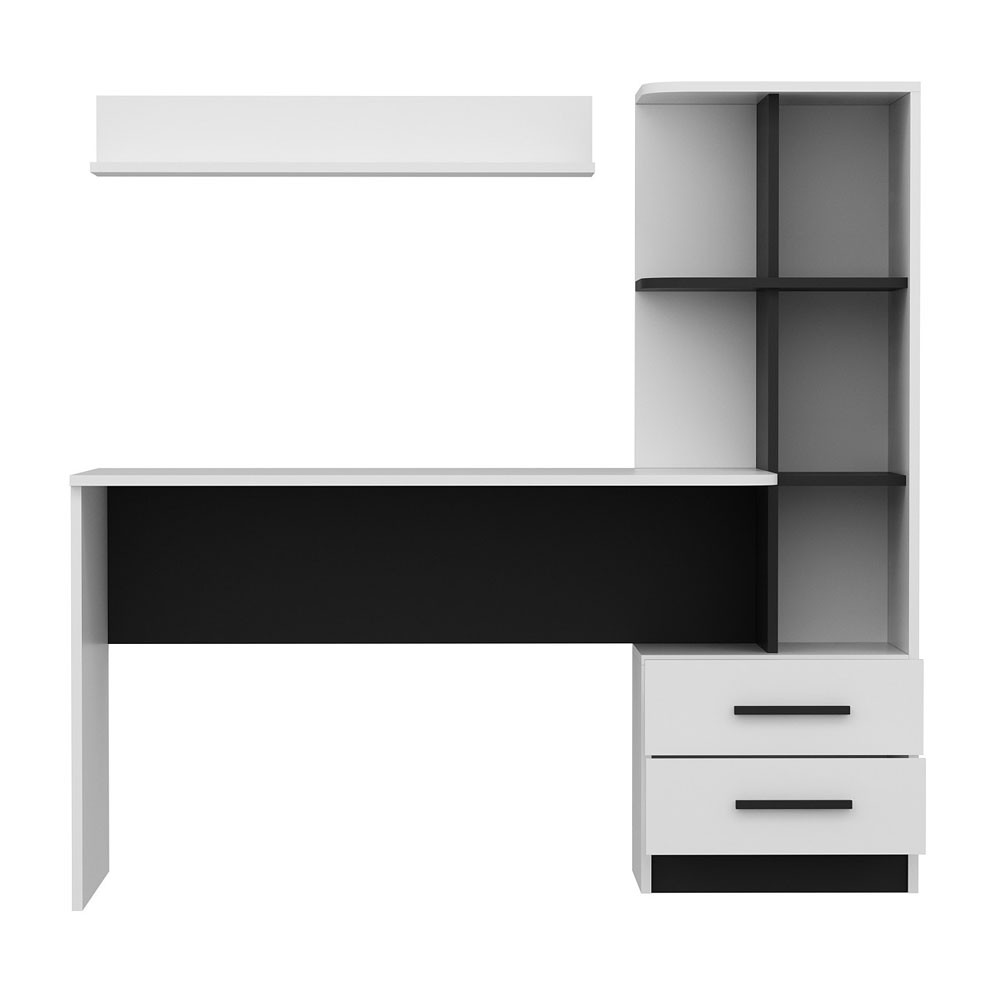 Alaska Wooden Computer Desk with 2 Wall Shelf in White and Black