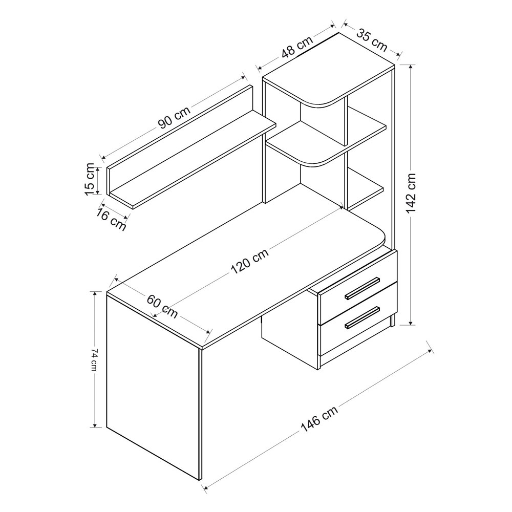 Alaska Wooden Computer Desk with 2 Wall Shelf in White and Black