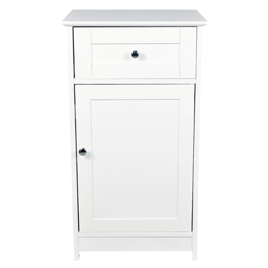 Photo of Alaskan low wooden bathroom storage cabinet in white