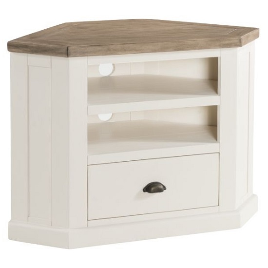 Read more about Alaya wooden corner tv stand in stone white finish