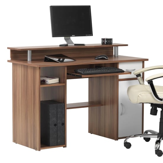 Alban Wooden Computer Desk In Walnut And White