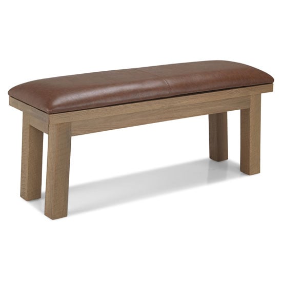 Albas Brown Leather Dining Bench In Planked Solid Oak Frame