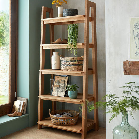 Albas Wooden Ladder Display Unit In Planked Solid Oak