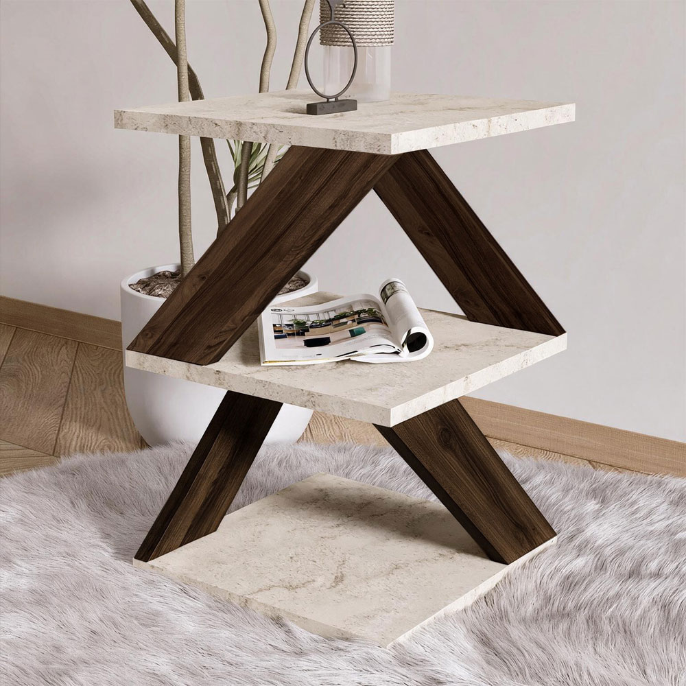 Albeni Wooden Side Table in Travertine Marble Effect and Walnut